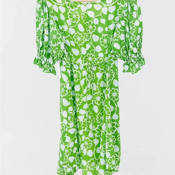 Faithfull The Brand Green Retro Floral Cleo La Barben Puff Sleeve Dress Size 10 - Picture 5 of 5